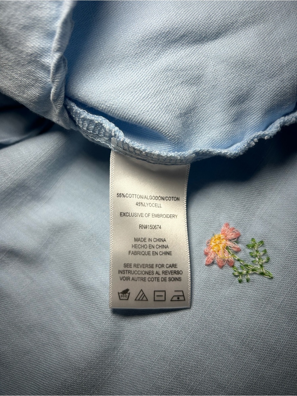 Billy T Embroidered Daisy Light Blue Chambray Button-Down Shirt - Picture 6 of 7
